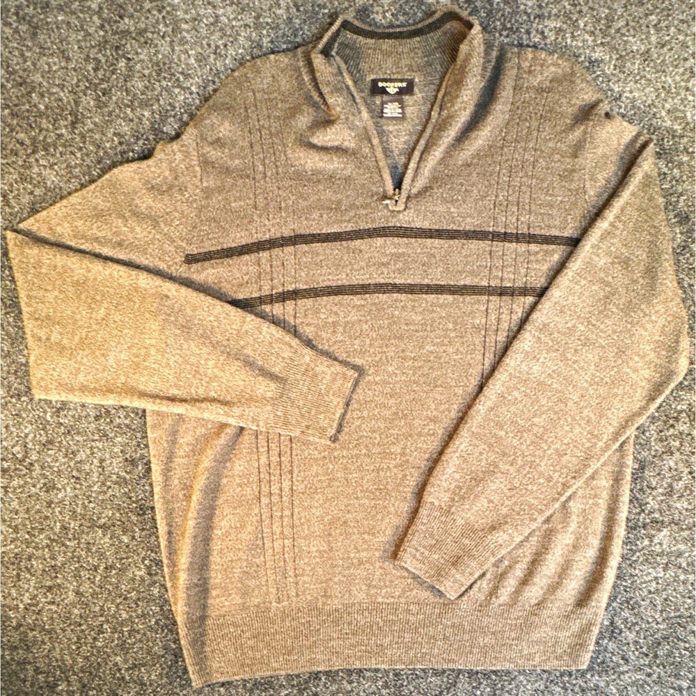 Dockers Men's 1/4 Zip Mock Neck Knit Pullover Sweater Acrylic Striped Gray XL